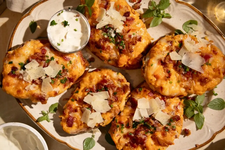 White Cheddar, Bacon, and Chive Twice Baked Sweet Potatoes